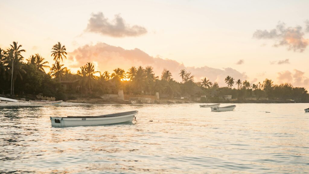 Small boats floating on calm ocean waters during a golden Zanzibar sunset, with palm trees and traditional houses along the shoreline.